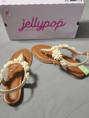 Jellypop Cream Floral T-Strap Sandals with Tan Footbed
